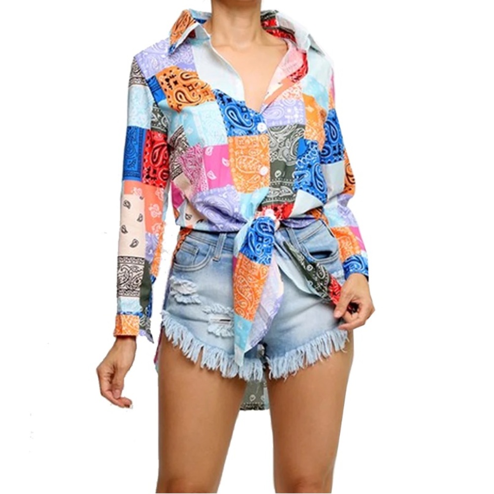 SJ Style Women's Patchwork Pattern Long Sleeve Shirt - Size M NWOT